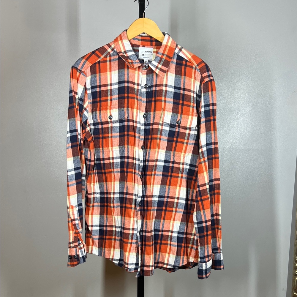 Sonoma Modern Fit Men's Orange and Blue Plaid Shirt